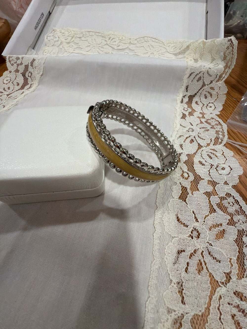 Vintage Monet Silver Tone Hinged Bangle Bracelet with Yellow Enamel Inlay